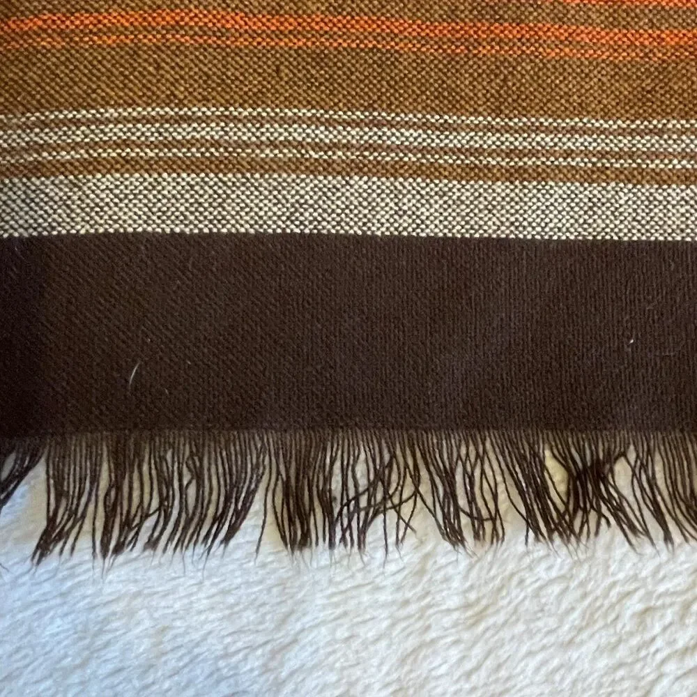 Vtg Acrylic Throw Blanket Thin Fringed Brown Orange Cream Tan Fringed 44x45